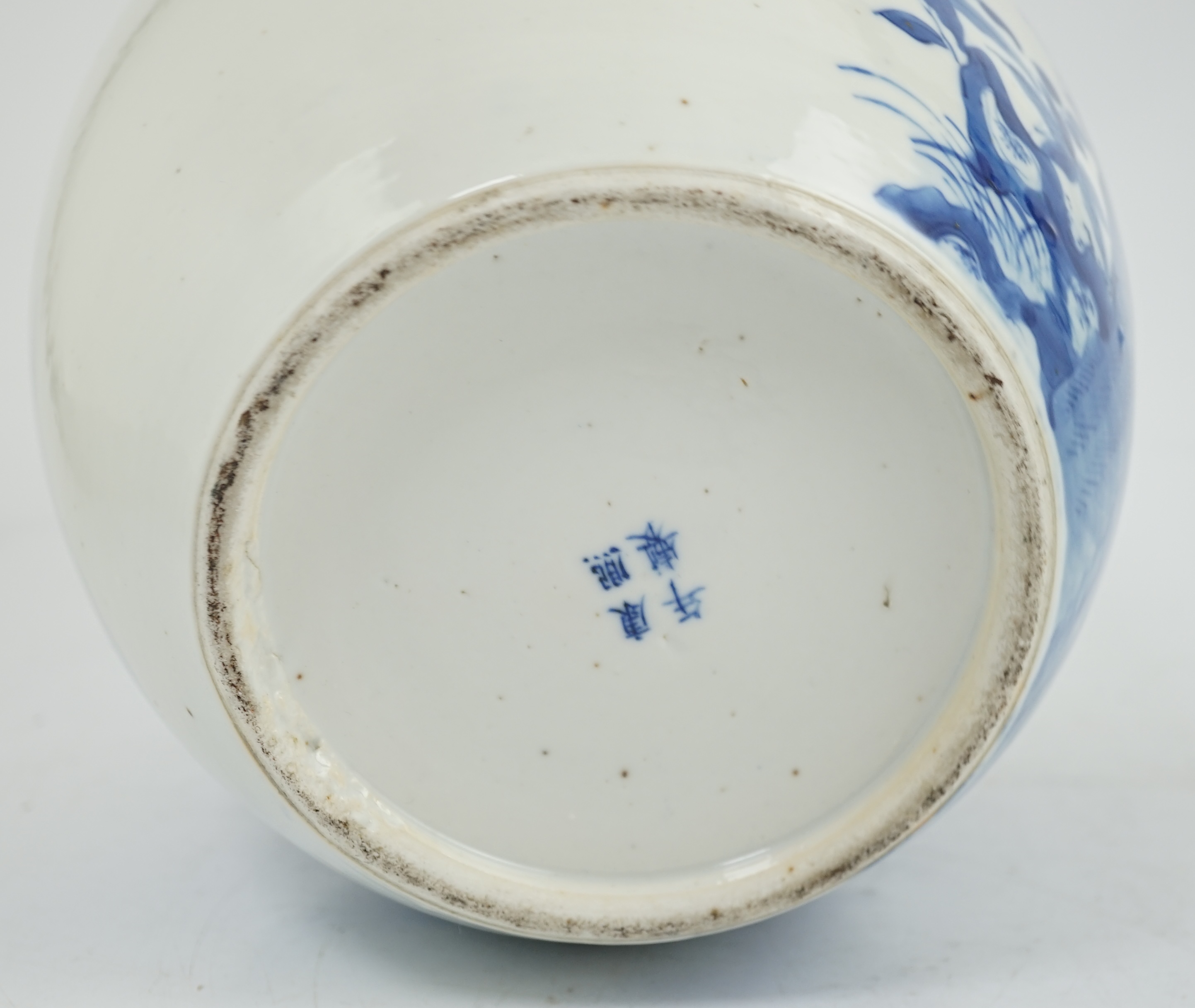 A large Chinese blue and white ‘Romance of the Western chamber’ ovoid jar and cover, Kangxi mark, but late 19th century